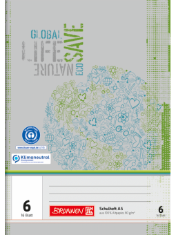 BRUNNEN Schulheft · DIN A5 · Lineatur 6 · blanko · ohne Lineatur · 16 Blatt · Umweltpapier