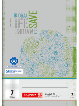 BRUNNEN Schulheft · DIN A5 · Lineatur 7  · Große Kästchen · 16 Blatt · Umweltpapier