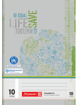 BRUNNEN Schulheft · DIN A5 · Lineatur 10 · kariert mit Rand · 16 Blatt · Umweltpapier